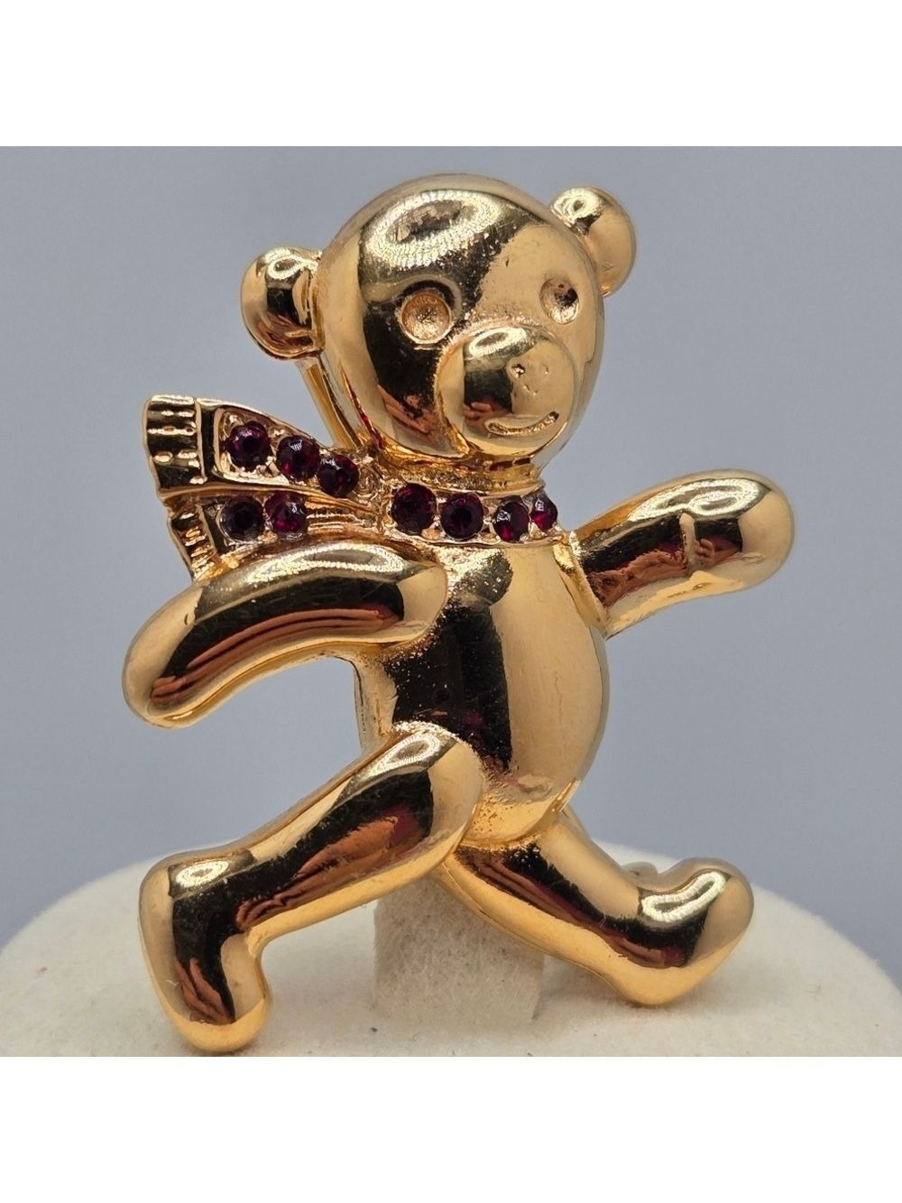 Teddy Bear Brooch Gold Tone Red Gemstone Scarf Pin